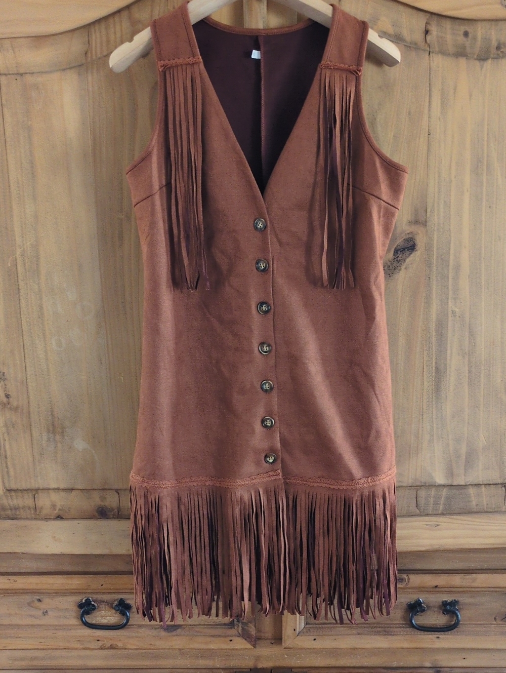 Brown Fringe Suede-Feel Button Front Dress